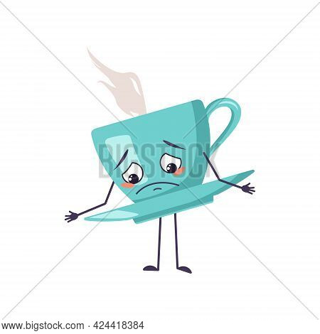 Cute Cup Of Tea Character With Sad Emotions, Downcast Eyes, Depressing Face, Arms And Legs. The Mela