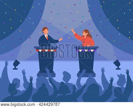 Happy Male And Female Politicians Greeting Each Other On Stage. Speakers Standing At Rostrum, Having