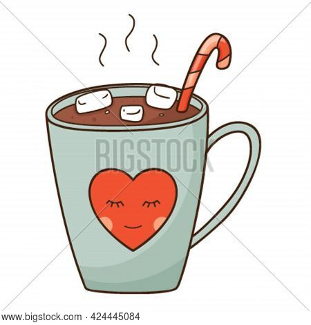 A Cup Of Hot Cocoa With Marshmallows And A Candy Cane. A Hot, Invigorating, Morning Drink. Design El