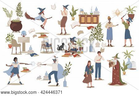 Group Of Wizards And Witches Practicing Magic Vector Flat Illustration Isolated On White Background.