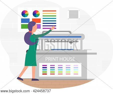 Young Woman Working In Typography. Employee Works With Equipment. Print Shop Services, Printing Proc
