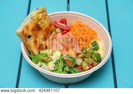 Salad With Fresh Salmao Fillet With Herbs And Carrots. Vegetarian Dish. Health. Indian Food. Close-u
