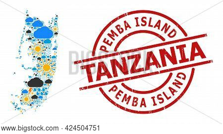 Climate Collage Map Of Pemba Island, And Distress Red Round Badge. Geographic Vector Composition Map