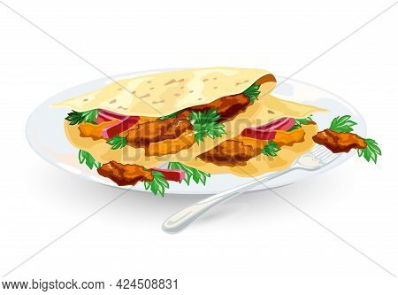 Cartoon Of Taco Mexico Food With Tortilla, Leaves Lettuce, Cheese, Tomato, Forcemeat, Sauce. Vector 