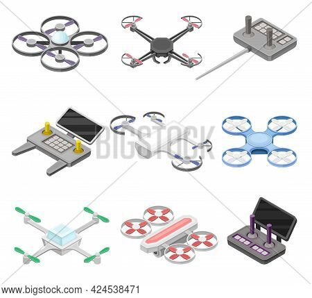 Pilotless Drone As Aerial Vehicle And Remote Control Panel Isometric Vector Set