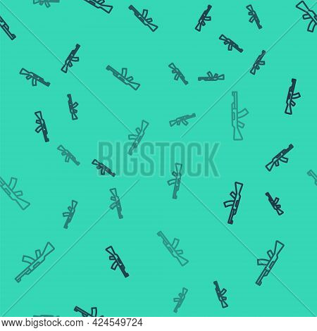 Black Line Submachine Gun Icon Isolated Seamless Pattern On Green Background. Kalashnikov Or Ak47. V