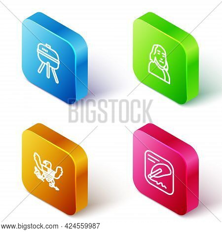 Set Isometric Line Barbecue Grill, Benjamin Franklin, Eagle And Declaration Of Independence Icon. Ve