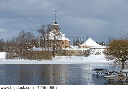 Cloudy February Day At The Ancient Fortress Of Korela. Priozersk, Russia