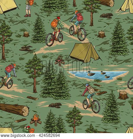 Summer Camping Vintage Seamless Pattern With Travelers Riding Bicycles Hiker With Binoculars Tents T