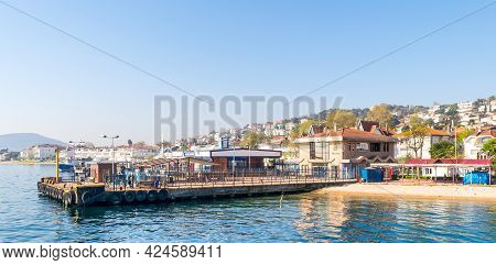 Istanbul, Turkey - April 27, 2017: Marmara Sea, Kinaliada Island Ferry Terminal With Summer Houses, 