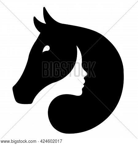 Silhouette Of A Black Horse And The Face Of A White Girl. Design Suitable For Equestrian Logo, Farm,