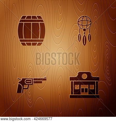 Set Wild West Saloon, Gun Powder Barrel, Revolver Gun And Dream Catcher With Feathers On Wooden Back