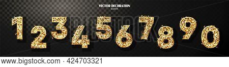 Golden Number 0 To 9 With Glitter Sparkles On Transparent Black Background. Realistic Set Of Metalli