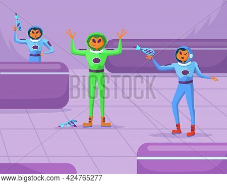Cartoon Aliens Characters With Guns Staging Robbery In Store. Scared Newcomer In Spacesuit Raising H