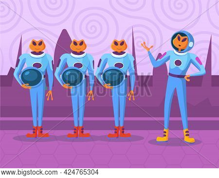 Cartoon Aliens Characters Standing And Listening To Order Of Chief. Orange Newcomers In Spacesuits D