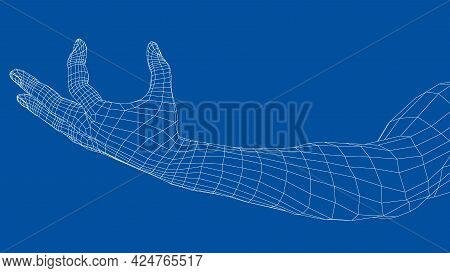 Hand Hold Some Tiny Or Thin Object. Vector Rendering Of 3d. Wire-frame Style. Hand Hold Somethin