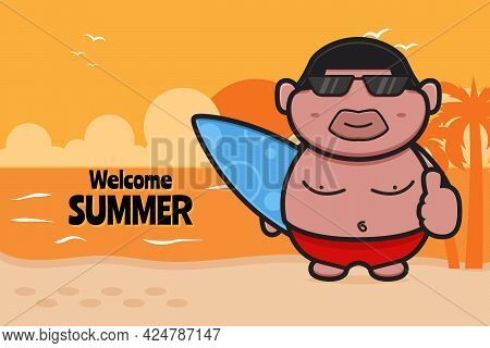 Cute Fat Boy Holding Swimming Board With A Summer Greeting Banner Cartoon Vector Icon Illustration. 