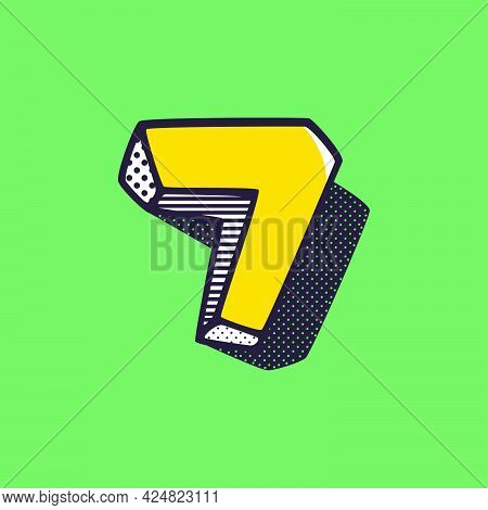 Retro 3d Number Seven Logo With Polka Dot And Striped Pattern On The Sides. Vector Isometric Font Fo