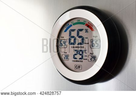 Digital Thermometer Hygrometer In Round Shape On The Wall.