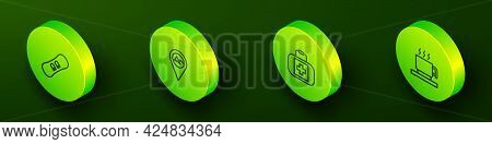 Set Isometric Line Snowboard, Location With Mountain, First Aid Kit And Hot Chocolate Cup Icon. Vect
