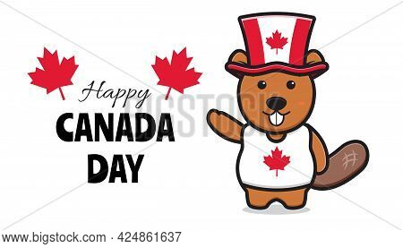 Cute Beaver Character Celebrated Canada Day Cartoon Vector Icon Illustration. Design Isolated On Whi