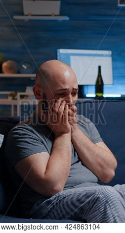 Close Up Of Shocked, Depressed Man Dropping Phone After Hearing Horible News, Feeling Emotionally Un
