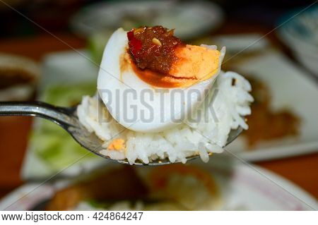 Thai Food, Eat Rice With Shrimp Paste Chili Paste, Boiled Egg And Vegetables, Healthy Food Eating Cu