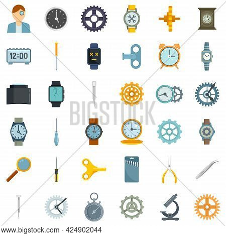 Watch Repair Icons Set. Flat Set Of Watch Repair Vector Icons Isolated On White Background