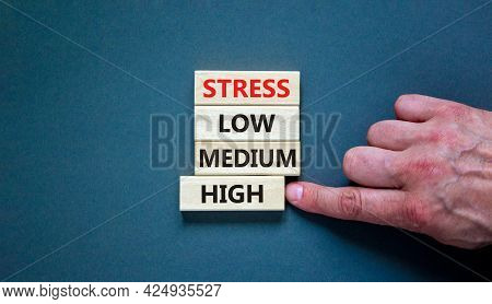 Low Or High Stress Level Symbol. Businessman Chooses The Wooden Block With Words High Stress. Words 