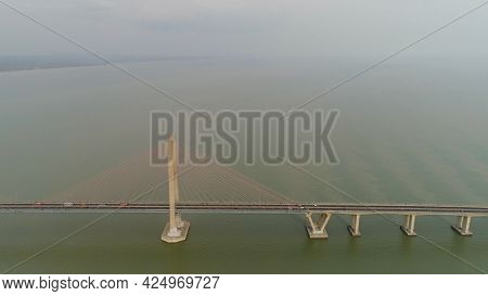 Aerial View Suspension Cable Bridge Suramadu Over Madura Strait Connecting Islands Java And Madura. 
