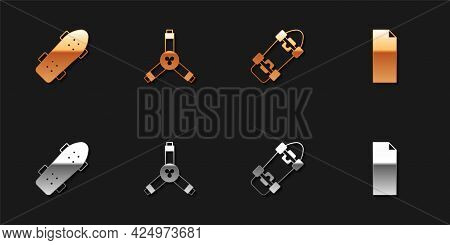 Set Skateboard, Y-tool, And Grip Tape On Skateboard Icon. Vector