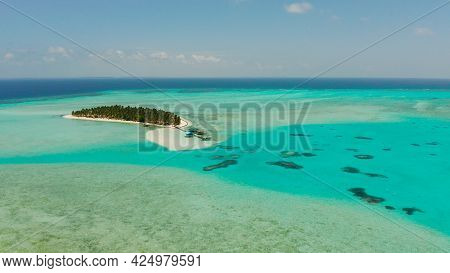 Sand Beach And Tropical Islands By Atoll With Coral Reef, Top View. Onok Island, Balabac, Philippine