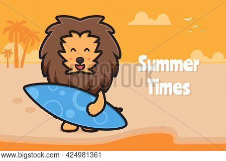 Cute Lion Holding Swimming Board With A Summer Greeting Banner Cartoon Vector Icon Illustration. Des