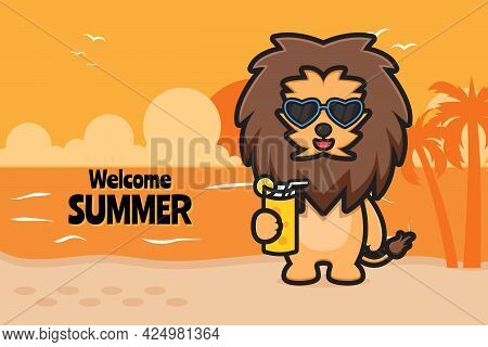 Cute Lion Holding Orange Juice With A Summer Greeting Banner Cartoon Vector Icon Illustration. Desig