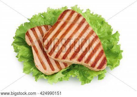 Tuna Fish Steak Grilled Isolated On White Background With Clipping Path And Full Depth Of Field, Top