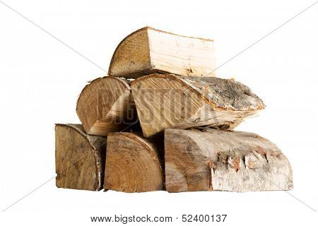 Cut log fire wood from birch-tree. Isolated on white.