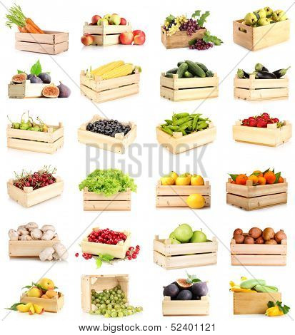 Collage of fruits and vegetables in wooden boxes isolated on white