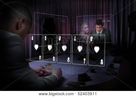 Casino white holographic card display in gambling room with purple light