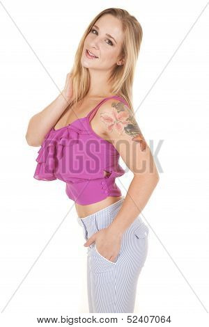 Woman Ruffle Top Side Serious