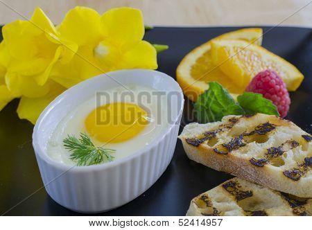 Breakfast Baked Egg With Fruits And Bread