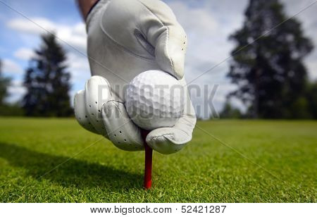 Placing golf ball on a tee