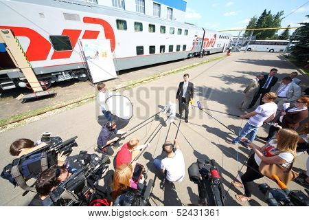 TVER - JUN 05: Journalists interviewed director of the Tver Carriage Works about a two storey passenger car, on June 05, 2013 in Tver, Russia.