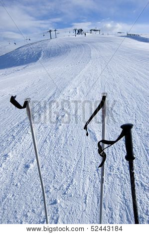 mountain with snow with ski sticks