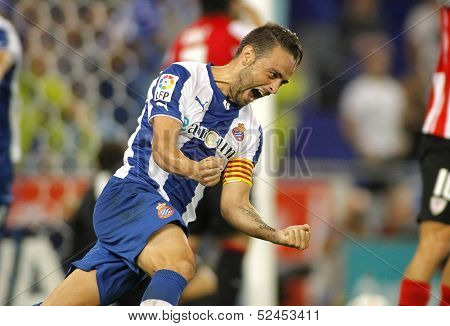 BARCELONA - SEP, 23: Sergio Garcia of RCD Espanyol celebrating goal during a Spanish League match against Bilbao at the Estadi Cornella on September 23, 2013 in Barcelona, Spain
