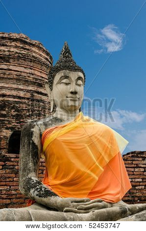 Statue of Buddha in Ruined Old Temple Of Ayutthaya, Thailand