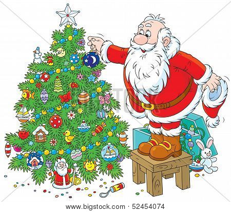 Santa decorating a Christmas tree