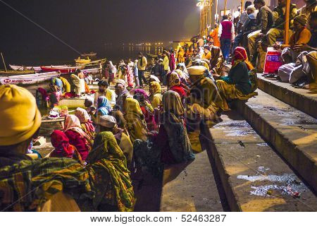 People In The Night In Varanasi In Religious Washing Ceremony