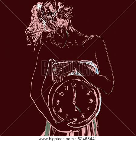 Conceptual portrait of girl in bed with big clock. Vector illustration. 