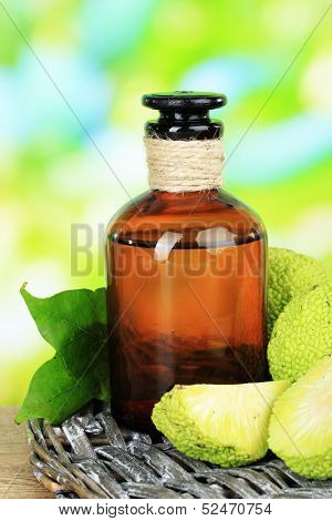 Osage Orange fruits (Maclura pomifera) and medicine bottle, on wooden table, on nature background