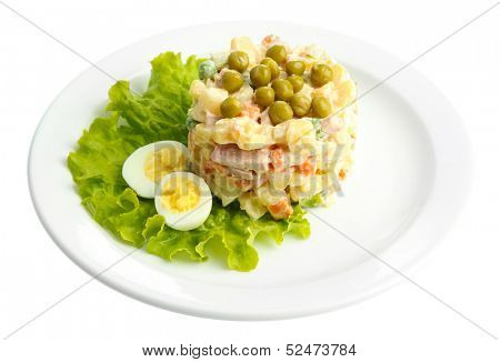 Russian traditional salad Olivier, isolated on white